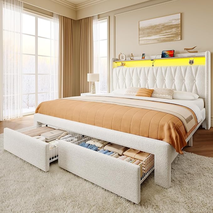 Rolanstar Full Bed Frame with Drawers, Storage Headboard with Charging Station and LED Lights, Upholstered Bed with Heavy Duty Wood Slats, No Box Spring Needed, Noise Free, Easy Assembly, Beige
