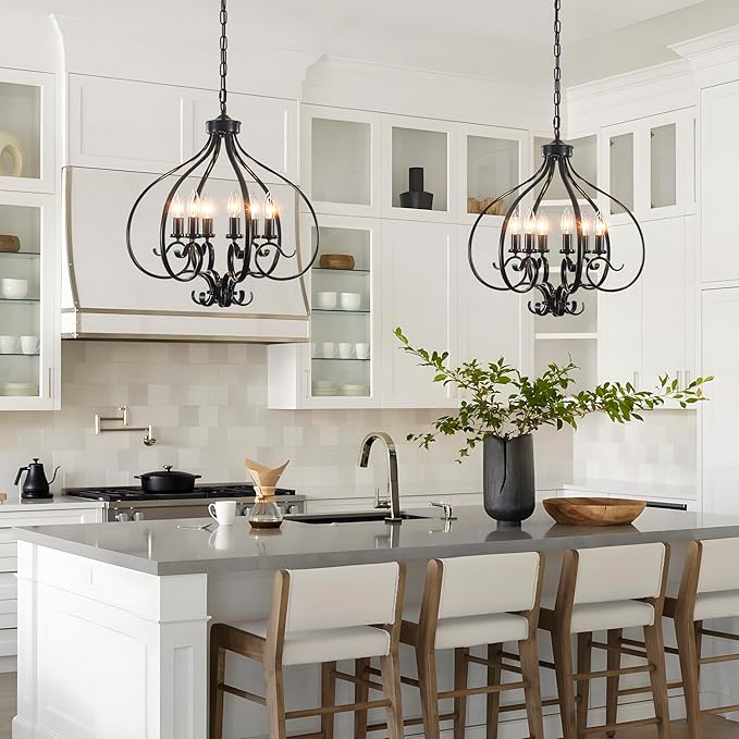 6-Lights Farmhouse Chandelier,19.68" Large Black Farmhouse Chandelier for Dining Room,Modern Vintage Rustic Adjustable Pendant Light Fixture for Kitchen Island Living Room Entryway Hallway Foyer
