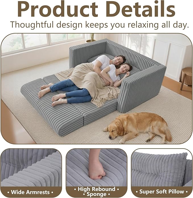 HABUTWAY Folding Sofa Bed, 2 in 1 Convertible Sleeper Chair with Pillow, Portable Fold Out Chair Bed with Armrest, Comfy Floor Couch, Lazy Sofa for Living Room Bedroom Dorm Home Office, Light Grey