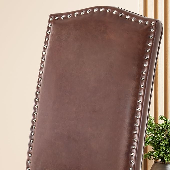 Upholstered Dining Chair Modern Stylish Parsons Kitchen Diner High Back with Silver Nailhead Trim & Wood Legs, Set of 2, PU Leather Dark Brown