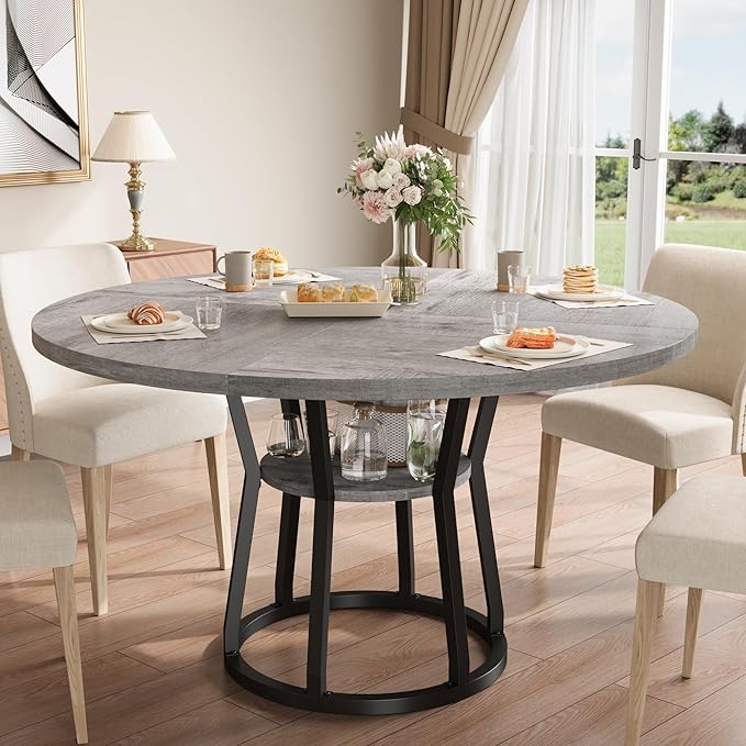 Garvee Round Dining Table for 4-6, 42" Farmhouse Kitchen Table with Storage, Circle Dinner Tables for Kitchen, Dining Room, Living Room, Meeting Room, Apartment