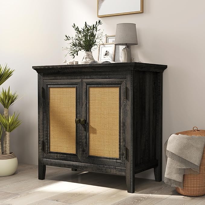 Rattan Sideboard, Kitchen Sideboard Cabinet with Adjustable Storage Shelf, Accent Buffet Cabinet with Rattan Doors, Wood Cabinet Organizer for Dining Room, Hallway, Living Room, Coffee