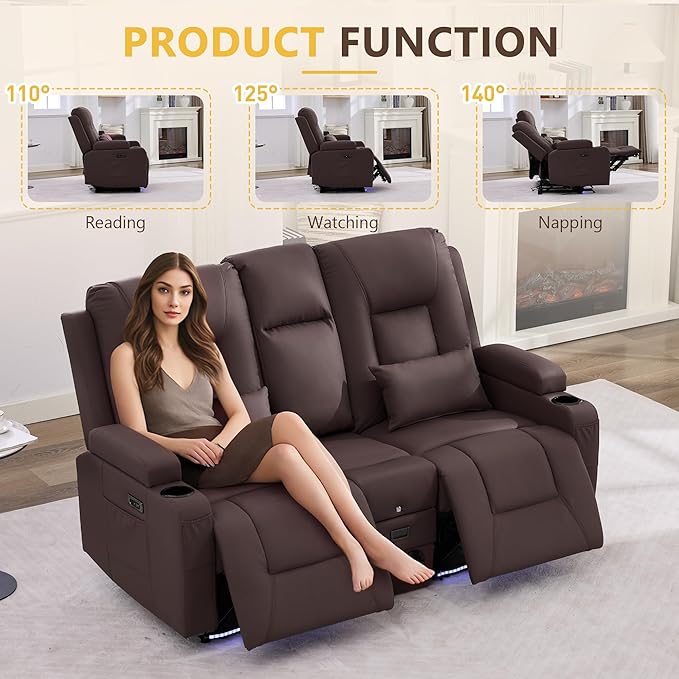 URRED Power Loveseat Recliner Sofa with Console, Wall Hugger Reclining Loveseat RV Couch with LED Light, 150° Zero Gravity Recliners Modular Couches for Living Room (Dark Brown, 68.1'' - 2 Seats)