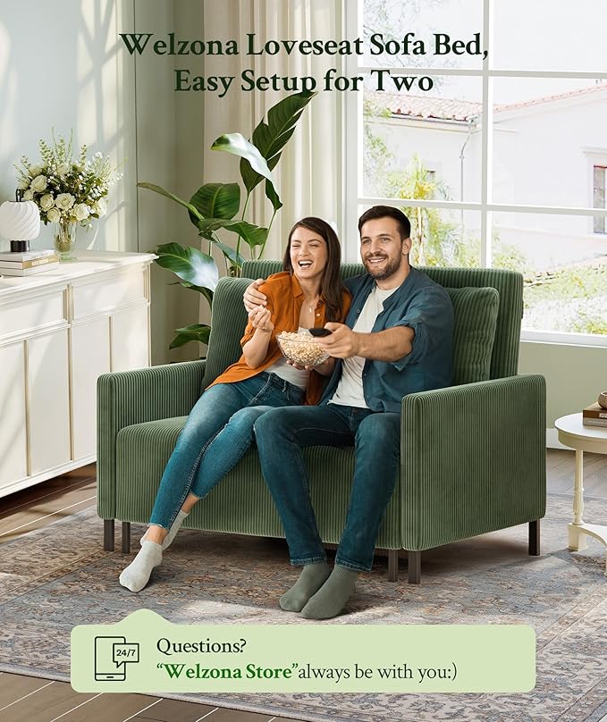 Welzona 47.2" Convertible Sofa Bed Couch, Comfy Corduroy Couch Bed, All in 1 Loveseat Sleeper Sofa, Love Seat Sleeper Bed with 2 Pillows, Modern Couches for Living Room/Apartment/Home/Office, Green