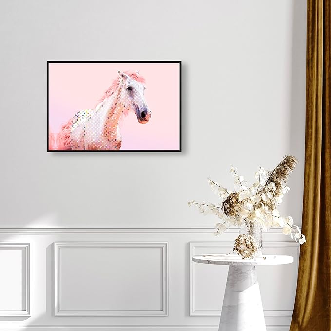 Country Farmhouse Canvas Print Painting Animal Wall Art 'Pink Glam Horse' Black Framed Canvas Rustic Home Décor 30x20 in Pink, White by Oliver Gal