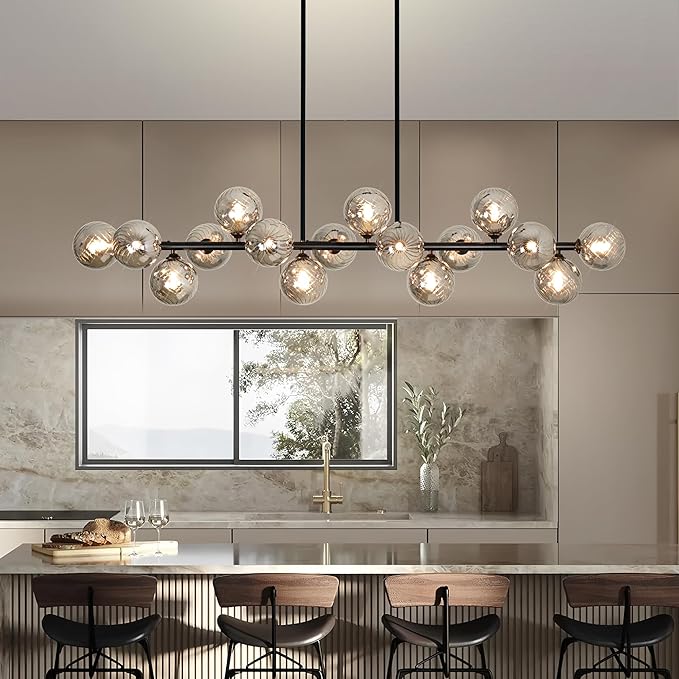 55" Linear Chandeliers for Dining Room Light Fixture 16 Lights Large Sputnik Chandelier Modern Chandelier Smoke Grey Swirled Globe Farmhouse Chandelier Island Lights for Kitchen