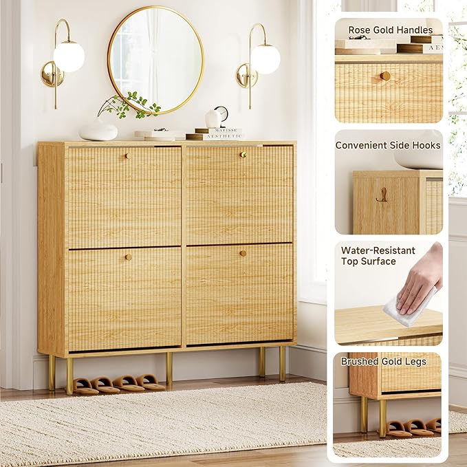Nicetree Shoe Cabinet Storage for Entryway, Narrow Shoe Rack with Tiered Fluted Design, 4 Flip Drawers & 3-Tier Adjustable Shelves, Shoe Organizer with Gold Legs,Light Natural Oak