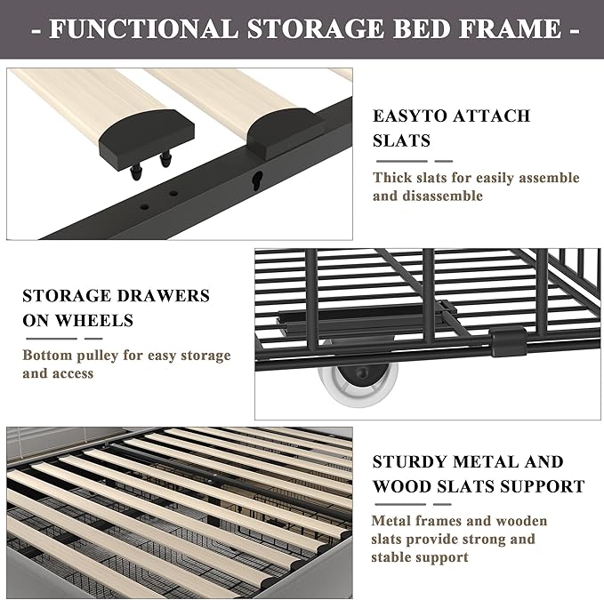 VECELO Full Size Upholstered Platform Bed Frame with 4 Storage Drawers, Adjustable Velvet Rivets Headboard, Wooden Slats Support, No Box Spring Needed, Easy Assembly