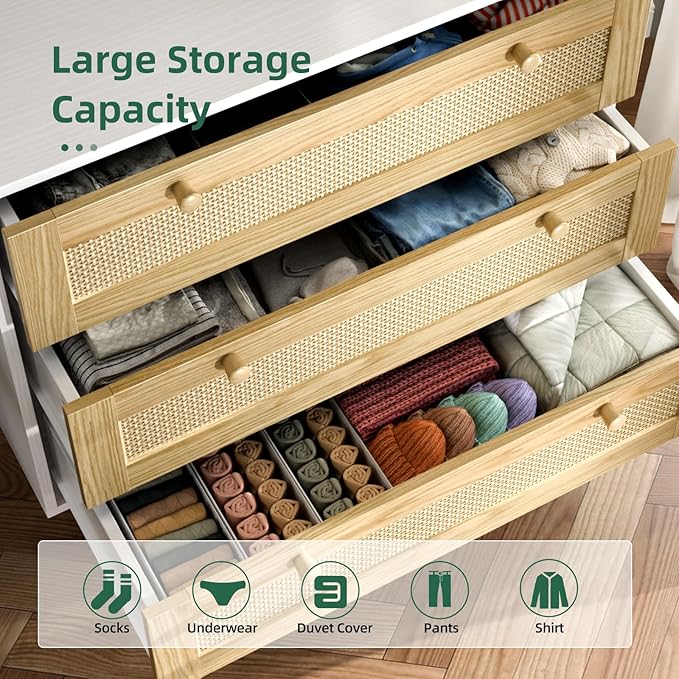 3 Drawer Rattan Dresser for Bedroom, Modern Wooden Dresser Chest with Handles for Bedroom, Hallway and Living Room, White