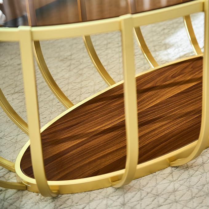 Saint Mossi Glass Oavl Coffee Table for Living Room, Modern 2-Tier Gold Center Table, Brown Glass Top and Walnut Shelf with Gold Finish Legs & Frame