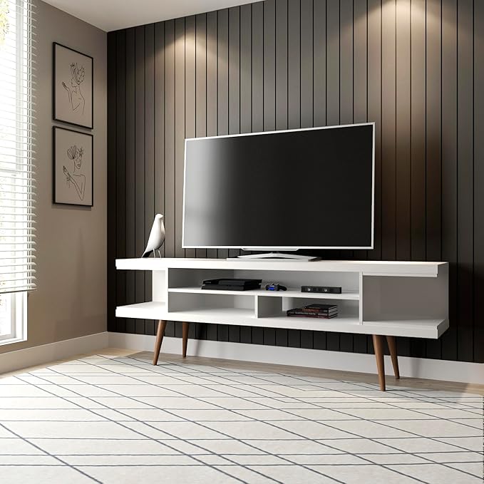Manhattan Comfort Utopia 70.47" Freestanding Entertainment Center for Living Room, Mid Century Modern TV Stand with Shelves, Storage and Media Holes, Fits 65" Screens, White