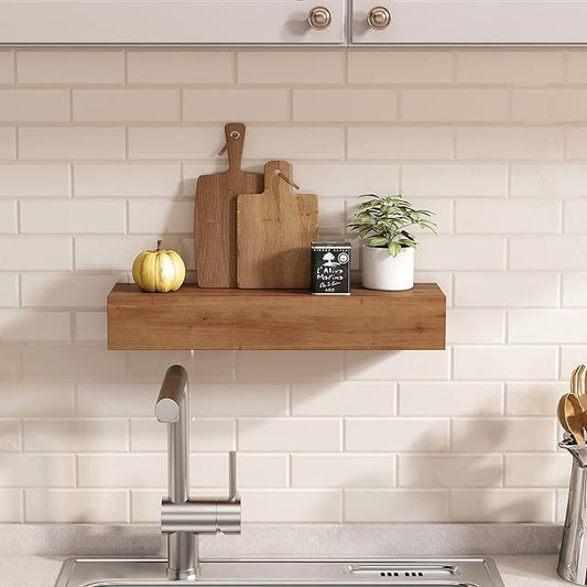 Wall Floating Shelves, Rustic Wood Wall Shelf Handmade - Wooden Shelves for Bathroom Kitchen Livingroom(Light Walnut, 17 Inch - 2 Pack)