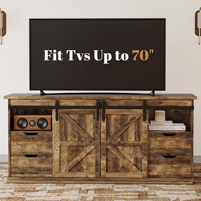 YESHOMY Farmhouse TV Stand for Televisions up to 65 Inch, Wood Entertainment Center with Sliding Barn Doors and 4 Storage Drawers, 58’’ Media Console Cabinet with Shelves for Living Room, Barnwood