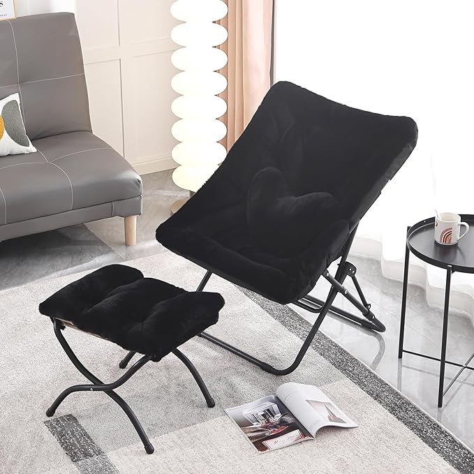Comfy Saucer Chair with Ottoman, Oversized Folding Faux Fur Chair Soft Furry Lazy Chair with Metal Frame Moon Chair Accent Chair for Bedroom, Living Room, Dorm Rooms, Black