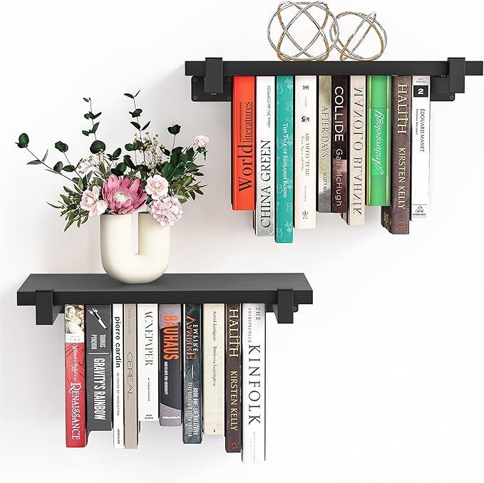 2 Set of Floating Bookshelf, Pine Wood Invisible Bookshelf, Hanging Bookshelves for Wall, Unique Space Saving Wall Bookcase, New Black (16.5L×8.7W×1.5H)