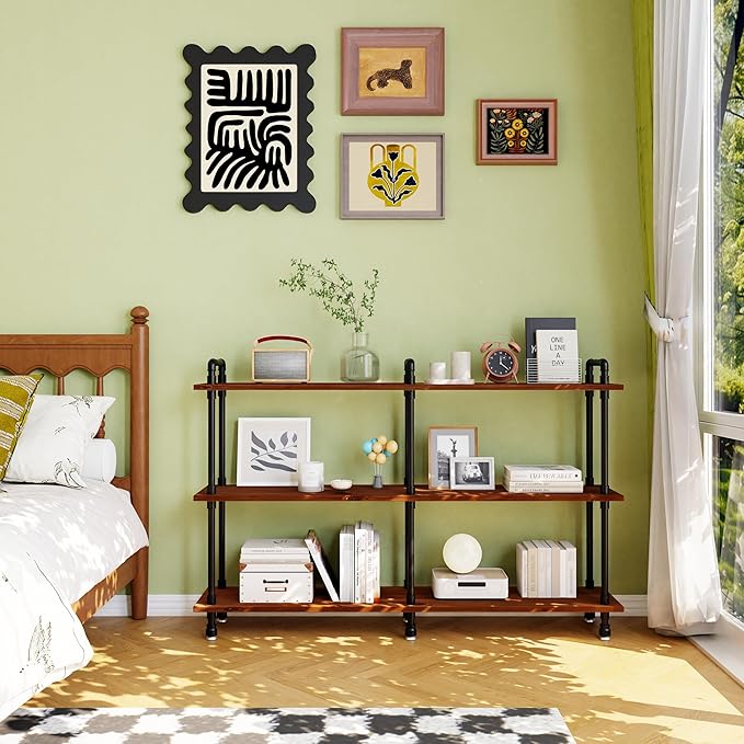 3 Tier Long Industrial Bookshelf, 3 Realwood Industrial Pipe Bookshelf for Living Room, Entry, Office (Walnut Brown, 60" L x 11.8" W x 39" H)