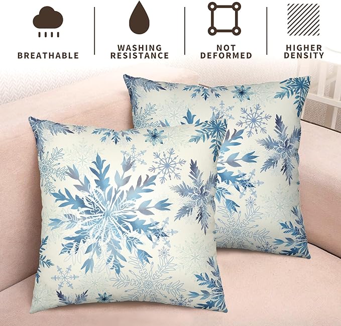 Set of 2 Winter Snowflake Pillow Covers Blue Christmas Decorative Throw Pillow Cases 24x24 Inch Farmhouse Xmas Holiday Outdoor Cotton Linen Pillowcase for Living Room Couch Sofa Decor