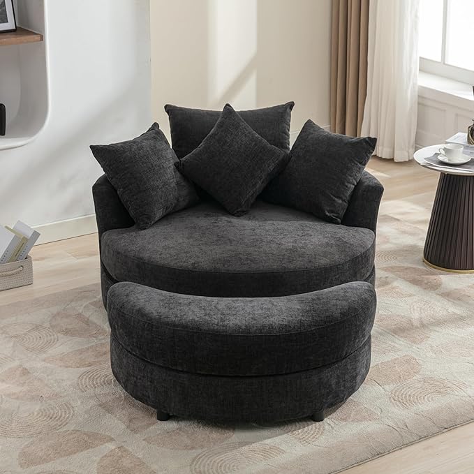 ERYE Oversized Round Accent Barrel Chair with Storage Ottoman and 360 Swivel Base, Modern Chenille Upholstered Leisure Recliner Armchair for Living Room Bedroom