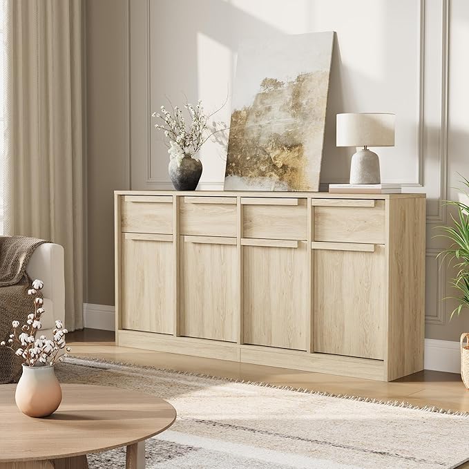 GarveeHome Sideboard Buffet Cabinet with 4 Drawers, 62.4 in Large Coffee Cabinet with Storage, Modern Storage Buffet Table for Kitchen Dining Room, Living Room (Pear Wood, 4 Doors & 4 Drawers)