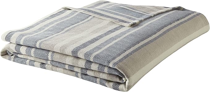 Eddie Bauer - Twin Size Blanket, 100% Soft Cotton Bed Blanket for Year Round Comfort, Throw Blanket for Couch or Bed (Herringbone Blue Stripe)
