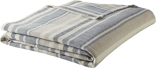 Eddie Bauer - Twin Size Blanket, 100% Soft Cotton Bed Blanket for Year Round Comfort, Throw Blanket for Couch or Bed (Herringbone Blue Stripe)