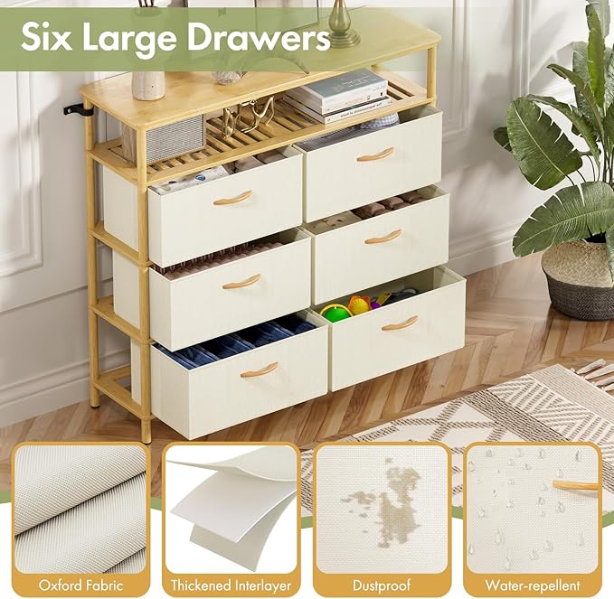 Solid Wood Dresser, Dresser with 6 Drawers, Solid Bamboo Frame Paired with Fabric Storage Boxes, Large Capacity, Stable and Durable, Versatile Style, for Bedrooms, Living Rooms, and Hallways
