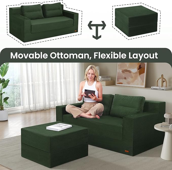 COMAX Futon Sofa Bed, Boneless Loveseat Couch in A Box, 67" L-Shaped Convertible Sofa Bed Corduroy for Living Room, Fold Out Small Foldable Loveseat Foam with Movable Ottoman, Floor Sleeper, Green