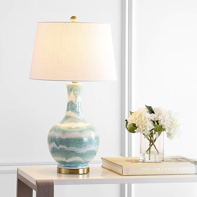 JONATHAN Y 30.5" Green/White Striped Ceramic Table Lamp for Bedroom Living Room, Modern Coastal Bedside Lamp with Gold Base and White Linen Shade, LED Bulb Included JYL3054A