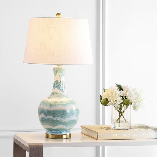 JONATHAN Y 30.5" Green/White Striped Ceramic Table Lamp for Bedroom Living Room, Modern Coastal Bedside Lamp with Gold Base and White Linen Shade, LED Bulb Included JYL3054A