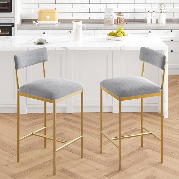 GAOMON Bar Stools Set of 2, Kitchen Bar Stools with Footrest, 25.5 Inches Upholstered Bar Chairs with Back, Counter Height Barstools for Counter Bar, Island, Easy Assembly,Gray and Gold