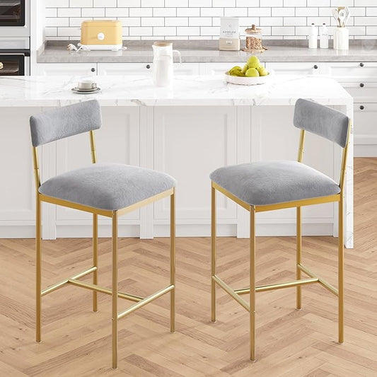 GAOMON Bar Stools Set of 2, Kitchen Bar Stools with Footrest, 25.5 Inches Upholstered Bar Chairs with Back, Counter Height Barstools for Counter Bar, Island, Easy Assembly,Gray and Gold
