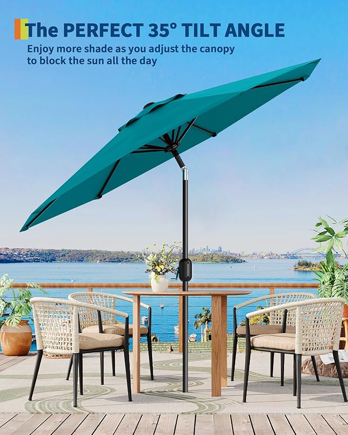 GarveeLife 9FT Outdoor Patio Umbrella, Outdoor Table Umbrella, Market Umbrella with Push Button Tilt and Crank, 8 Sturdy Ribs UV Protection Waterproof for Garden, Deck, Backyard, Pool, Turquoise Blue