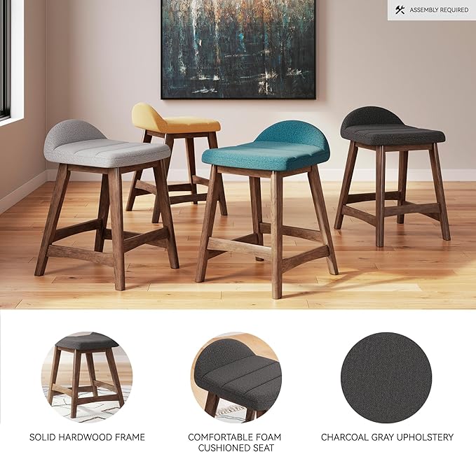 Signature Design by Ashley Lyncott Casual Counter Height Upholstered Bar Stool with Foam Cushion, 2 Count, 24.25" Seat Height, Wood Frame, Charcoal & Brown
