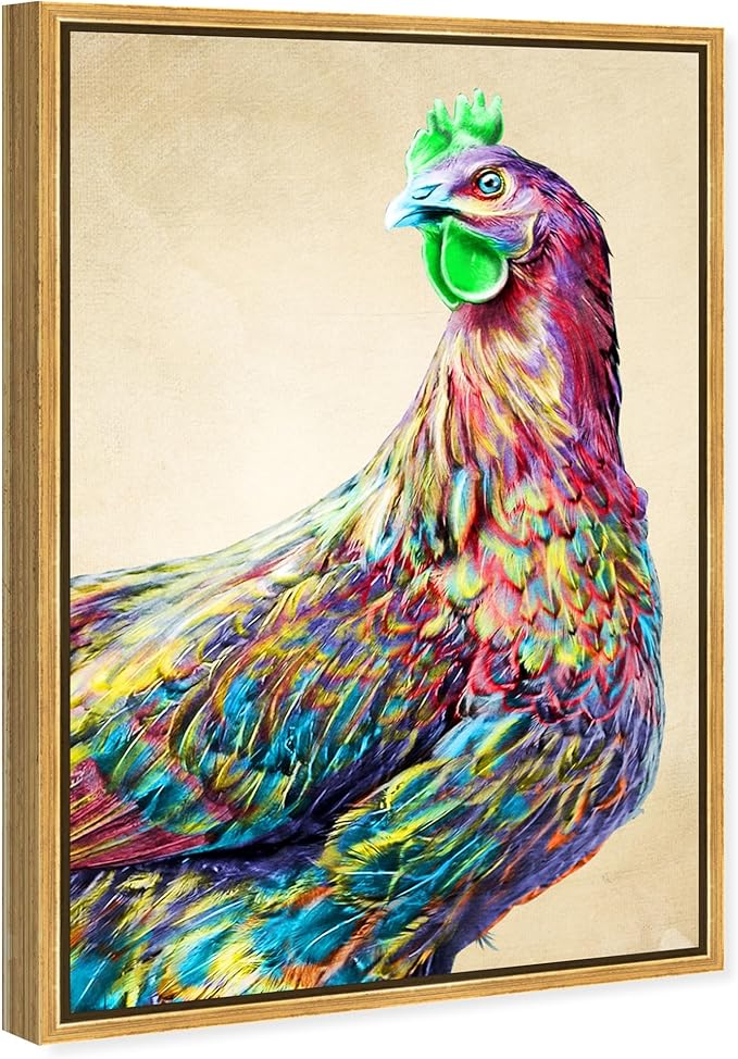 Country Farmhouse Canvas Print Painting Animal Wall Art 'Fun Colorful Glam Rooster' Gold Framed Canvas Rustic Home Décor 30x45 in Pink, Green by Oliver Gal