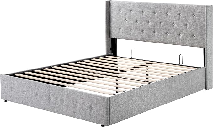 SHA CERLIN Full Size Lift Up Storage Bed Frame,Button Tufted Wingback Headboard,Upholstered Platform,Hydraulic Storage,Wooden Slat Support,No Box Spring,Light Grey