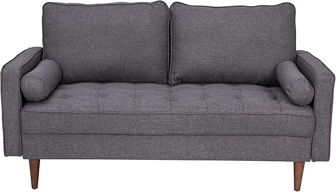 Taylor & Logan Hendrix Tufted Faux Linen Upholstered Mid-Century Modern Loveseat with Solid Wood Legs in Dark Gray