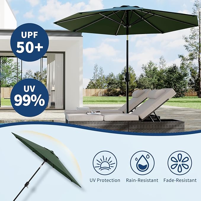 Garvee 10FT Patio Umbrella - Outdoor Table Umbrella with Crank Lift & Push Button Tilt - Market Umbrella 8 Sturdy Ribs UV Protection for Pool, Deck, Yard, Garden - Dark Green