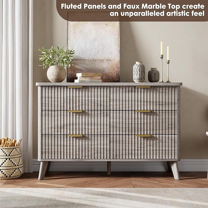 Garvee 6 Drawers Dresser for Bedroom, 47.2" Wide Dressers with Curved Profile Design, Fluted Wood Drawers with Gold Handle, Modern Chest of Dressers with Thickened Design for Living Room, Grey