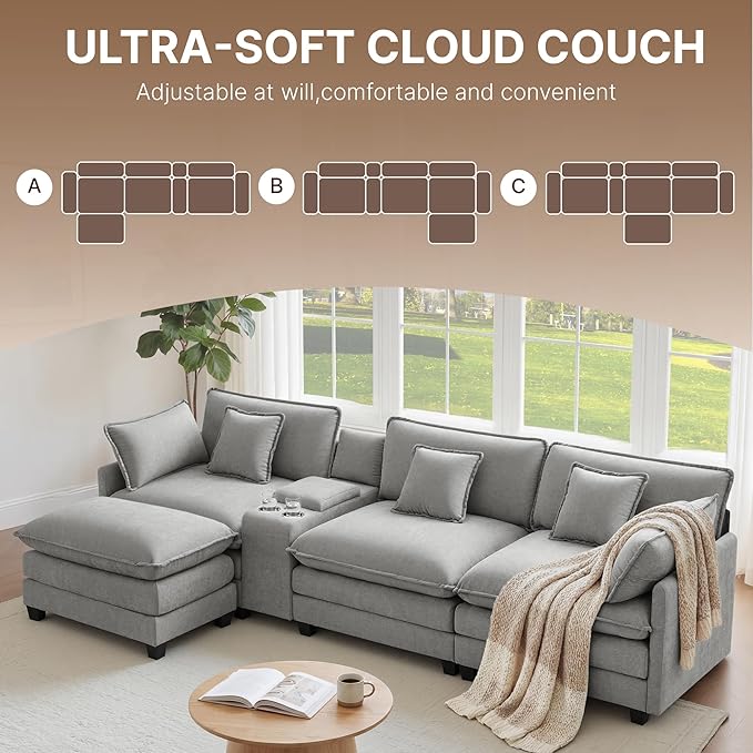 122" Oversized Modular Sectional Sofa with Storage Console,L-Shaped Cloud Couch with Movable Ottoman,Deep Seat,Thick Cushions, Multi Functional Console with USB & 2 Cup Holder,Sofa Set for Living Room | Wood Frame