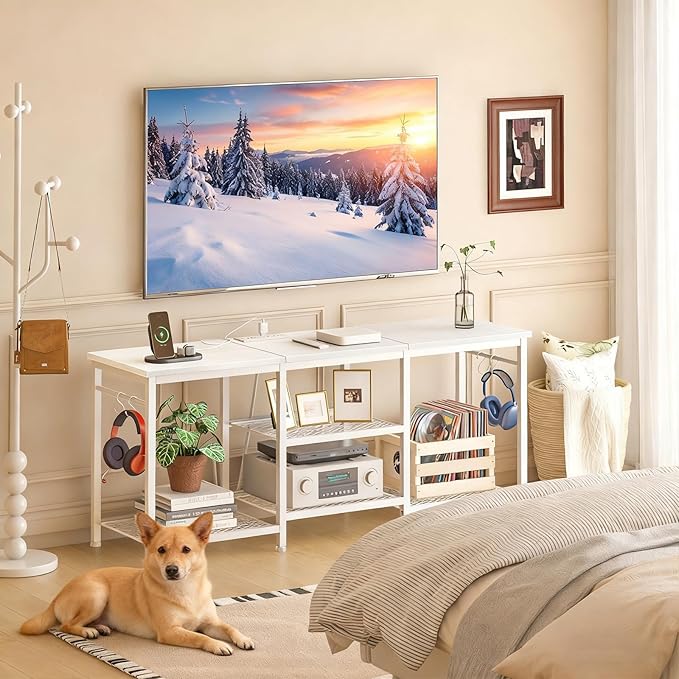 YGEOMER Entertainment Center for 55 inch TVs, TV Stand with Power Outlet and Open Storage Shelves, TV Media Console Table for Living Room and Bedroom, White