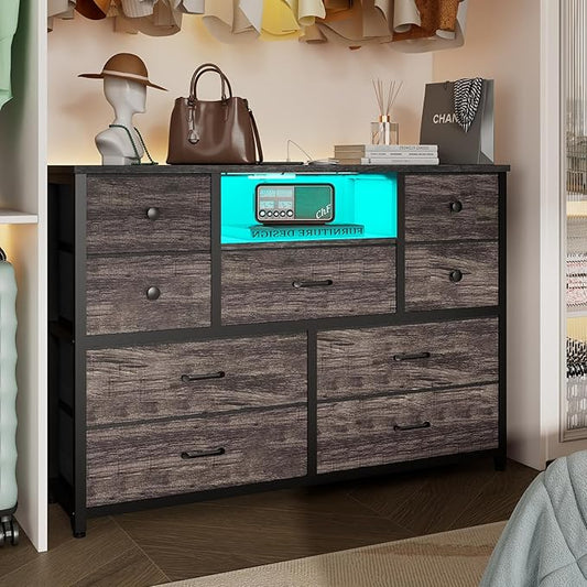 Dresser for Bedroom with 9 Drawers, Grey Storage Organizer TV Stand for 55" TV with LED Lights and Sockets, Fabric Chest of Drawers with PU Finish for Kid Room, Entryway, Living Room, Hallway