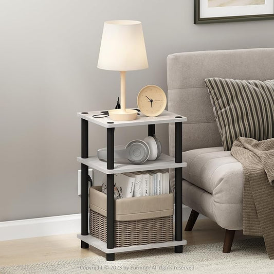 Furinno Just 3-Tier Turn-N-Tube USB and Type-C Charging Port End Table with Open Storage, 11.42 (W) x 8.82 (H) x 6.77 (D) inches, Marble White/Black