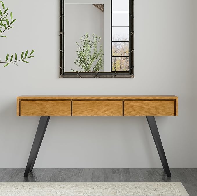 SIMPLIHOME Lowry Console Table - 60 Inch Wide Solid Oak Veneer and Metal Sofa Table in Oak, Modern Industrial Storage Table for Entryway or Living Room with 3 Drawers and Angled Metal Legs