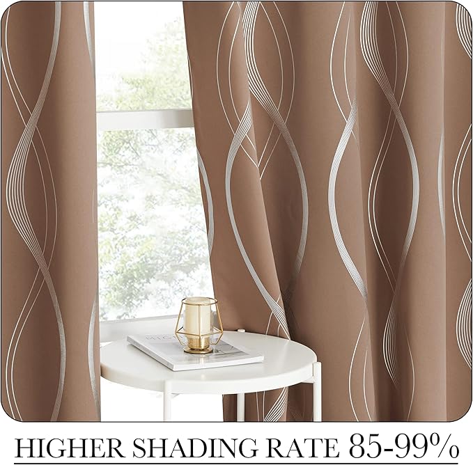 NICETOWN Blackout Curtains Panels for Living Room, Sound Reducing Thermal Insulated Wave Line Foil Print Design Blackout Curtains for Patio Sliding Glass Door (2 Panels, 42 x 84 Inch, Cappuccino)