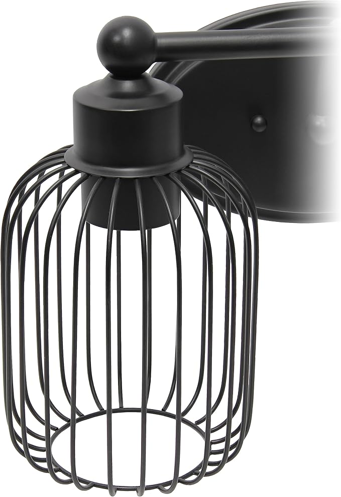 Elegant Designs VT1021-BLK 14" Industrial Farmhouse 2 Light Metal Birdcage Decorative Wall Mounted Vanity Fixture with Matching Metal Oval Backplate Vanity, Black