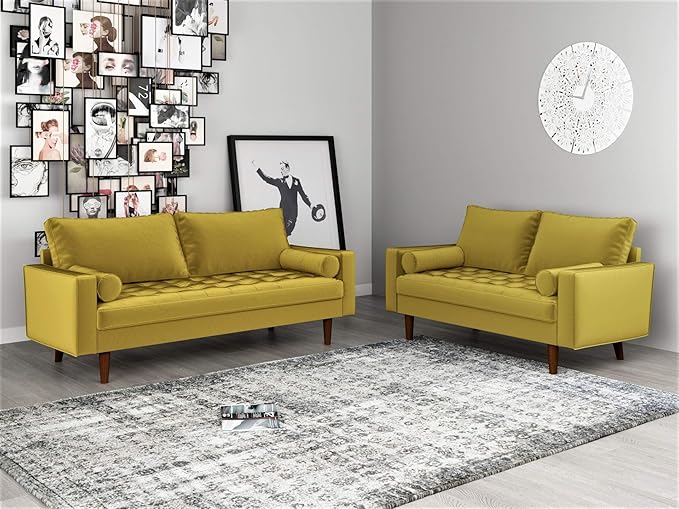 Container Furniture Direct Womble 58 Inch Velvet Loveseat Sofa with Elegant Button Tufted Upholstery, Square Arms, Splayed Wood Legs, Includes Matching Bolster Pillows, Dijon