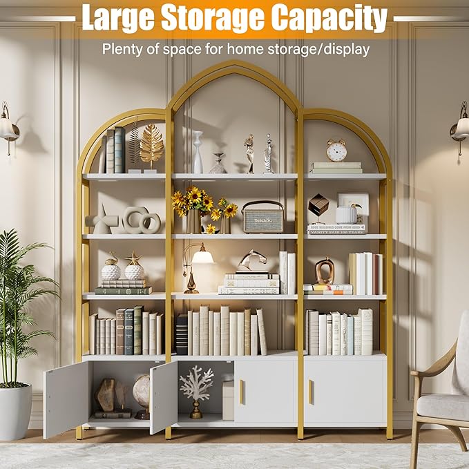 Tall Arched Bookshelf and Bookcase with 3 Cabinets, Triple Wide 5 Tier Industrial Etagere Open Bookshelf, Wood Book Shelf for Bedroom Living Room (Gold and White)