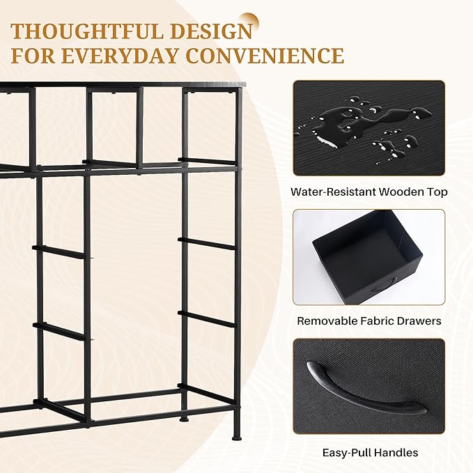 Dresser with 9 Drawers for Bedroom, Fabric Clothes Cabinet for Closet, Anti-Tip Storage Dresser with Metal Frame for Living Room, Entryway, Dorm, Black