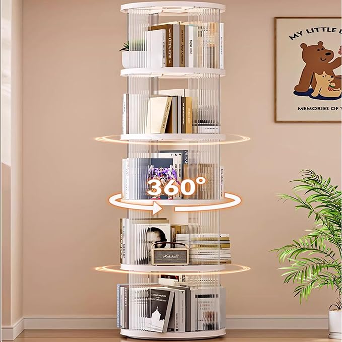 5 Tier Rotating Bookshelf Tower, 360° Rotating Bookshelf, Space Saving Rotating Bookshelves, Revolving Bookcase Suitable for Bedrooms, Living Rooms, Studies and Offices, White, Lazy Susan