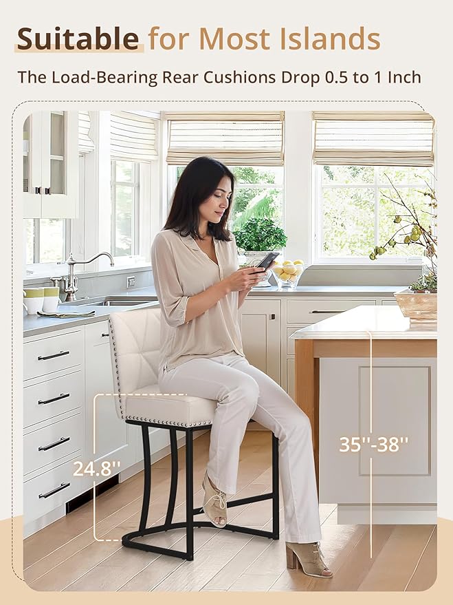 LUE BONA Bar Stools Set of 6, 24" Modern Counter Height Stools with 5.5" Thick Cushion and Nailhead, Upholstered Linen Fabric Barstools for Kitchen Island, Beige